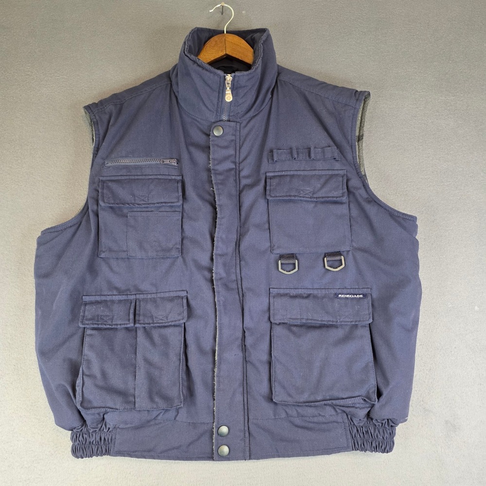 Renegade‎ Utility Vest Mens 2XL Blue Flannel Lined Multi-Pocket Hunting Workwear